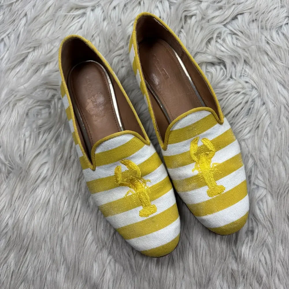 Coach Women's 8.5 Utopia Lobster Loafers Woven Yellow White Stripe Embroidered - Picture 2 of 9